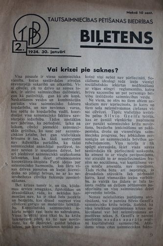 Tautsaimniecības Pētīšanas Biedrības Biļetens. 1934g. Nr.2