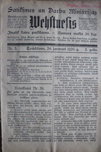 Satiksmes un Darbu Ministrijas Vētnesis. 1920g. Nr. 3