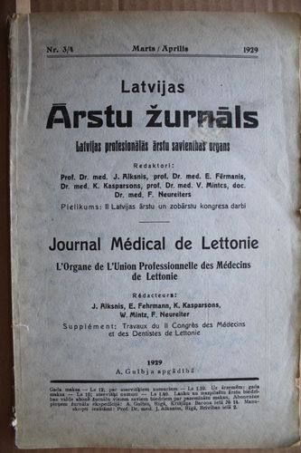 Latvijas Ārstu Žurnāls. 1929 g. Nr. 3/4.